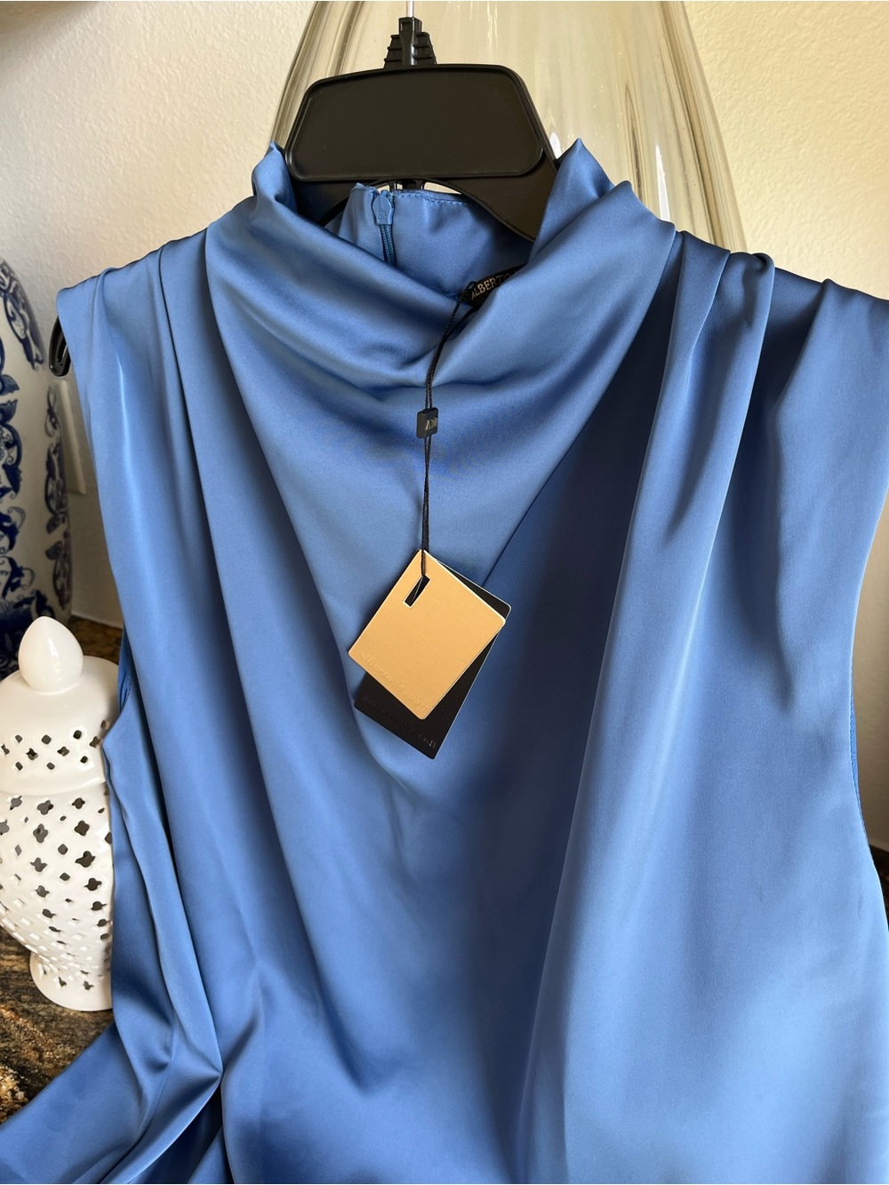 Alberto Makali Satin-Look Sleeveless Mock Neck Blouse in Periwinkle Blue